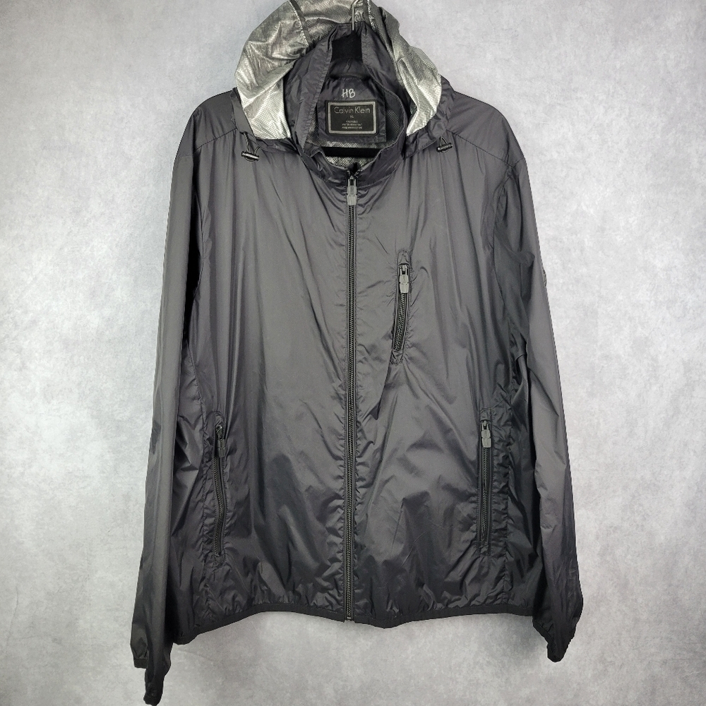 CALVIN KLEIN BLACK WINDBREAKER JACKET WINDBREAKER HOODIE MENS‎  COAT SIZE XL